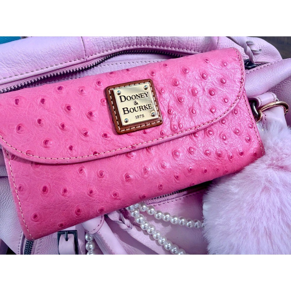 Dooney & Bourke Pink Ostrich Embossed Leather Continental Trifold Clutch Wallet